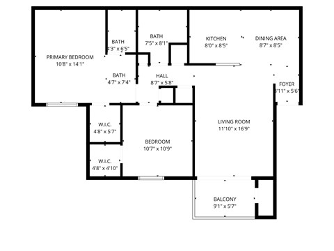 Floor plan for 3 beds, 2 baths, 1058 sqft